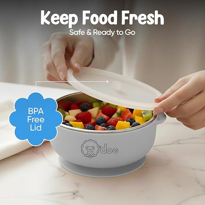 o'doe Baby Bowls with Lids – Stainless Steel Baby Feeding Bowls with Suction | Non-Slip Toddler Bowls for Self Feeding | BPA-Free Kids Bowls for Babys Food & Snacks | Stainless Steel Bowls Kids