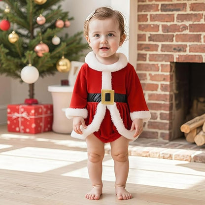 Newborn Christmas Outfit Baby Girl Plaid Romper Dress Infant Ruffle Long Sleeve Ribbed Bodysuit Headband Clothes