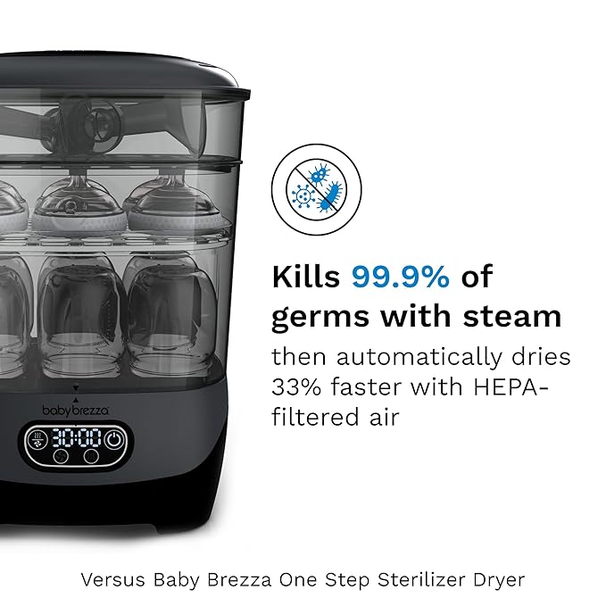 Baby Brezza Bottle Sterilizer and Dryer Advanced – 33% Faster - Largest Capacity Steam Sanitizer - Universal Sterilization Machine for All Bottles + Pump Parts - HEPA Air Filter, Charcoal