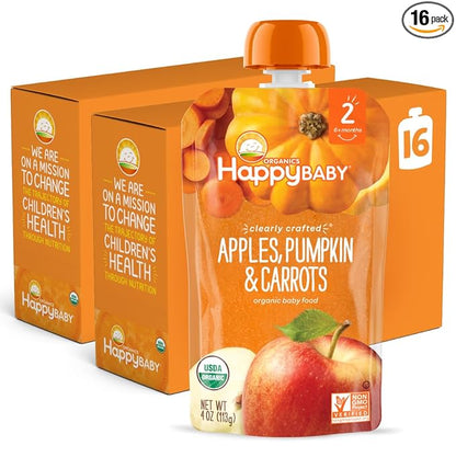 Happy Baby Organics Stage 2 Baby Food Pouches, Gluten Free, Vegan & Healthy Snack, Clearly Crafted Fruit & Veggie Puree, Apples, Pumpkin & Carrots, 4 Ounces (Pack of 16)