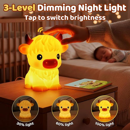 Mewaii Huggwaii Highland Cow Night Light for Kids, Dimmable Squishy Silicone Animal Night Light Touch Cow Lamp, Highland Cow Gifts for Nursery with 30 Auto-Off Timer, Cute Decor for Boys Girls Women