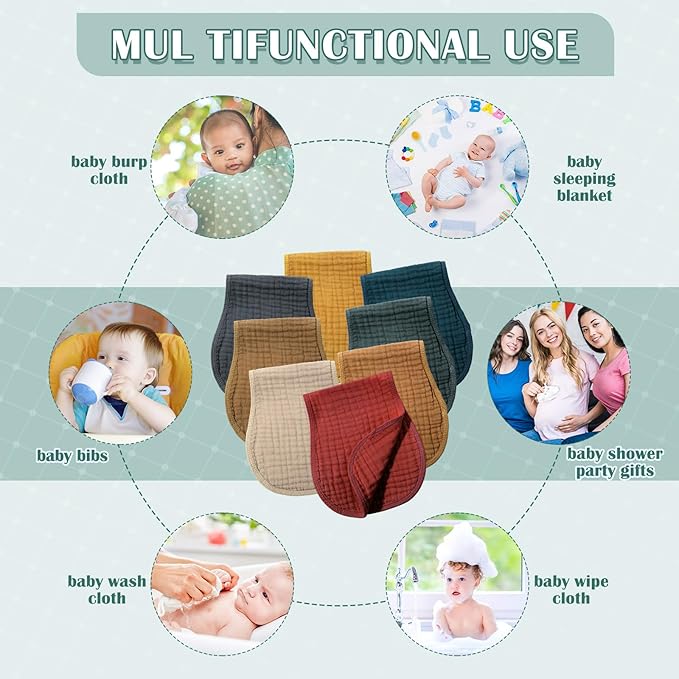 Frienda 6 Pack Muslin Burp Cloths Cotton Large 20''x 9'' Extra Absorbent and Soft Baby Burping Cloth for Baby Boy Girl Unisex(Classic Colors)