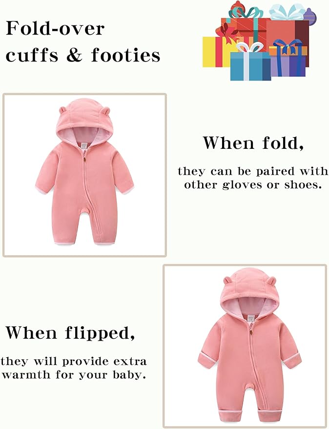 Newborn Baby Bear Onesie Winter Snowsuit With Fold-over Mittens & Footies Zip Up Baby Fleece Jumpsuit 0-18M