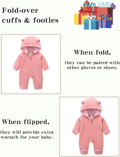 Newborn Baby Bear Onesie Winter Snowsuit With Fold-over Mittens & Footies Zip Up Baby Fleece Jumpsuit 0-18M