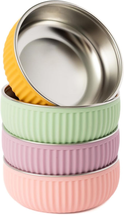Monkey Proof™ Non-Toxic Stainless Steel Child Bowl 5” with Non-Slip Grooved Silicone Shell, (Set of 4 bowls) Unbreakable, Mess Free Feeding for Babies, Toddlers, Kids, BPA free (Garden Party Grooved)