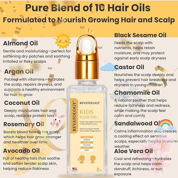 REVATOLOGY Kids & Baby Hair Growth Product High Potency Scalp & Hair Oil (Made in USA) 26 Cold-Pressed Botanicals for all Ages and Hair types -Thin, Curly, Thick Hair | Cruelty & Chemical Free