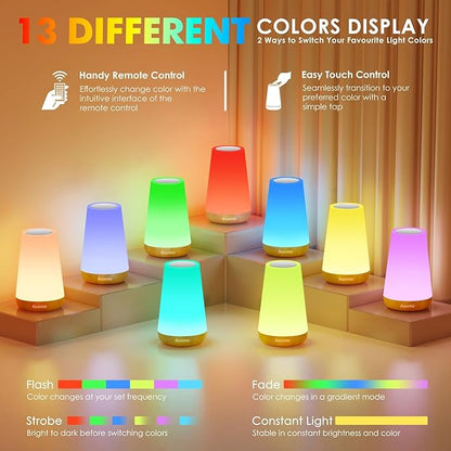 Auxmir LED Night Light 2 Pack Bedside Lamp Touch and Remote Control Dimmable Tabletop 13 RGB Colors Changing 5 Brightness Adjustable Rechargeable Portable Lamp for Baby Kids Nursery Bedroom Outdoor