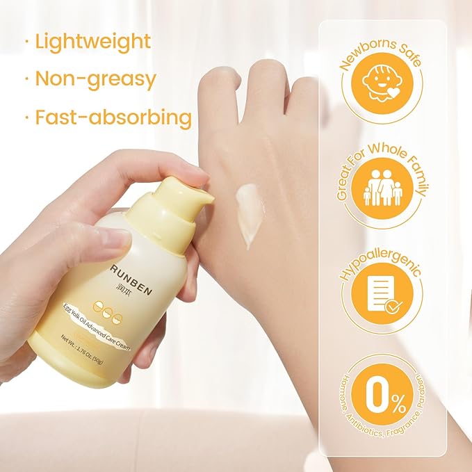 RUNBEN Baby Face Cream with Egg Yolk Oil, 48H Deep Moisturizing, Gentle & Non-Greasy Kids Face Lotion, Dry & Sensitive Skin Care for Baby, Fragrance-Free, 1.76 oz