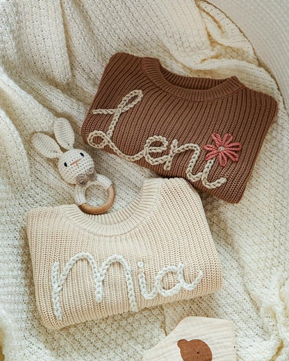 Personalized Hand Embroidered Knit Name Jumper, Custom Infant Christmas Sweater, Chunky Oversized Kids Sweater Multi