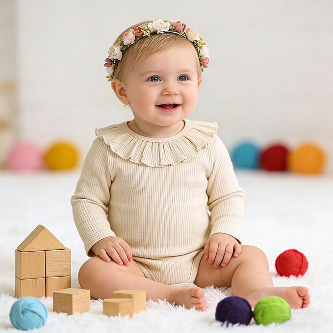 ROMPERINBOX Baby Girl Bodysuit 2 Pack, Long Sleeve Ribbed Knitted Onsies Ruffle Collar and Flutter Sleeve Fall Winter Clothes