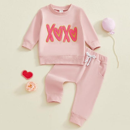 Toddler Girl Valentines Day Outfit Waffle Heart Sweatshirt Pants Set Baby Girls Spring Pullover Top Jogger Clothes