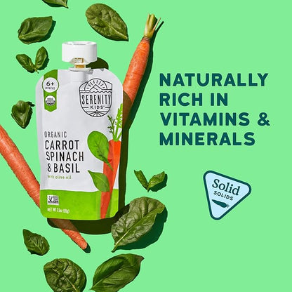 Serenity Kids 6+ Months Baby Food Pouches - Carrot Spinach & Basil USDA Organic - No Added Sugar Veggie Pouches Toddler Food - BPA-Free Puree & Toddler Meals - 3.5 Oz, 12 Pack