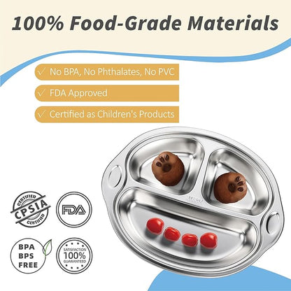 MR. CHOU Stainless Steel Baby Suction Plate, Divided Plates for Babies & Toddlers, 100% Food Grade Kids Plates for Baby Led Weaning, BPA Free Toddler Feeding Supplies, Dishwasher Safe, Blue