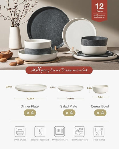 Famiware Milkyway Plates and Bowls Sets, 12 Pieces Dinnerware Sets, Reactive Glaze Dish Set, Stoneware Dishes Set for 4, Matte Beige White & Matte Dark Charcoal