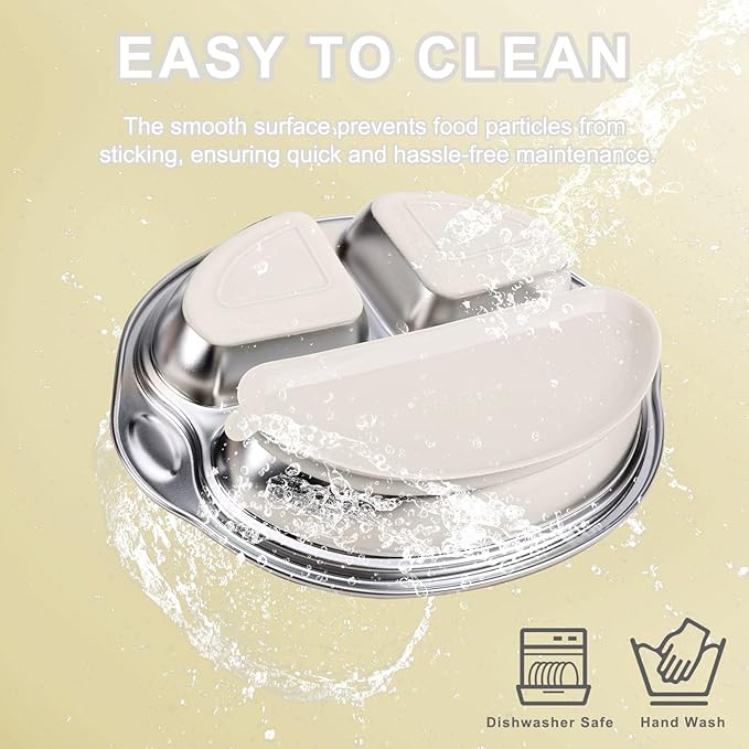 MR. CHOU Baby Plates with Suction - Stainless Steel Divided Toddler Plates, Compartment Suction Plate for High Chair, Baby Led Weaning & Self Feeding, Dishwasher Safe, BPA Free (Beige)