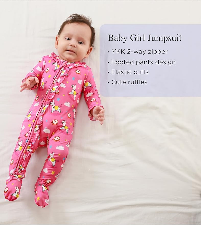 Bamboo Viscose Baby Girl Footie Pajamas, Newborn Sleepers Infant Onesie, 2-Way Zipper Footed Pjs