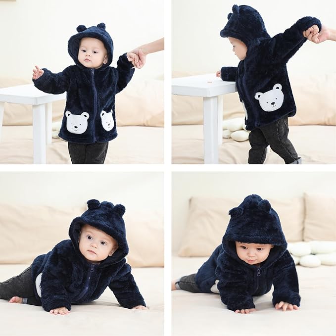 Toddler Winter Coat Fleece Zip up Hooded Bear Ears Warm Fuzzy Baby Kids Jacket Outerwear Sweater