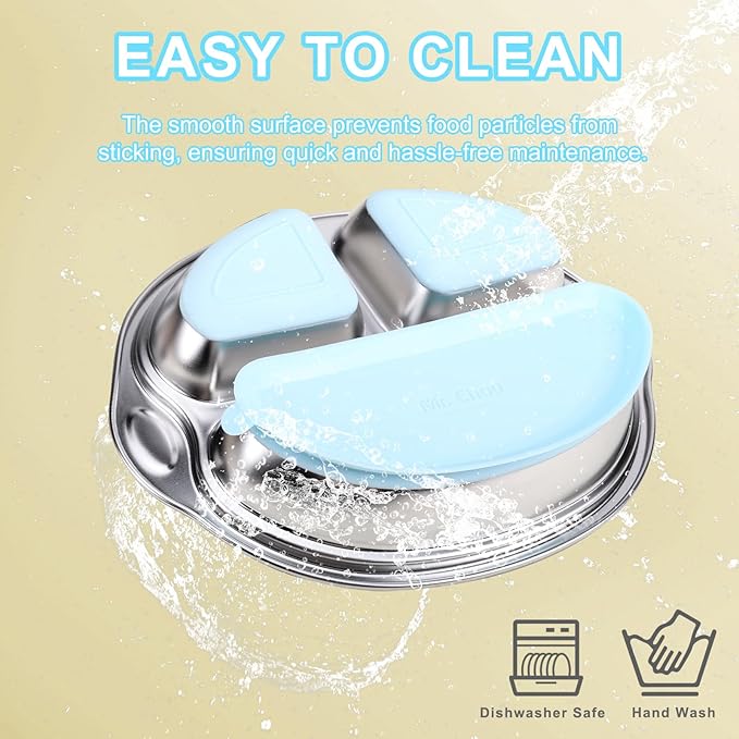 MR. CHOU Stainless Steel Baby Suction Plate, Divided Plates for Babies & Toddlers, 100% Food Grade Kids Plates for Baby Led Weaning, BPA Free Toddler Feeding Supplies, Dishwasher Safe, Blue