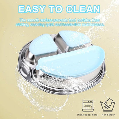 MR. CHOU Stainless Steel Baby Suction Plate, Divided Plates for Babies & Toddlers, 100% Food Grade Kids Plates for Baby Led Weaning, BPA Free Toddler Feeding Supplies, Dishwasher Safe, Blue