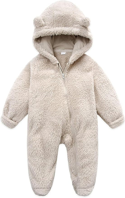 Baby Furry Jumpsuit Infant Bear Onesies Zipper Long Sleeve One-Piece Romper Hoodie Baby Outwear Snowsuit