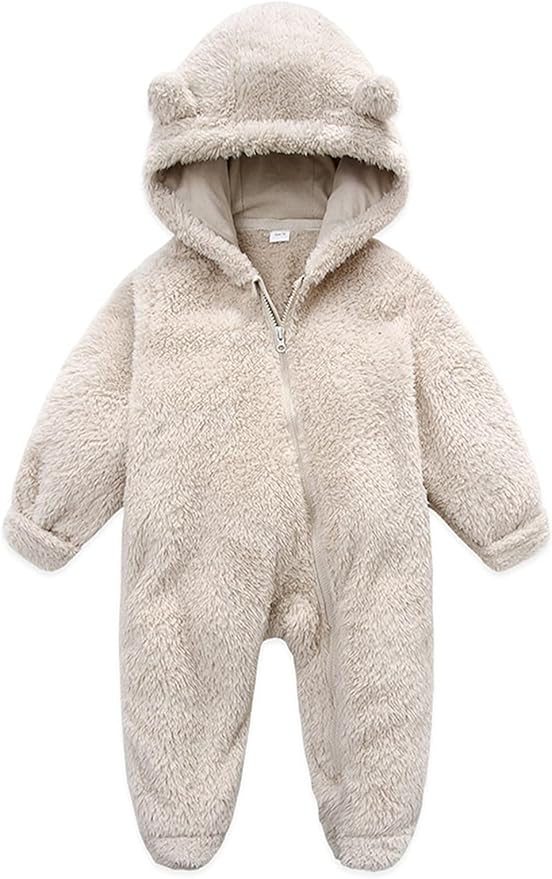 Baby Furry Jumpsuit Infant Bear Onesies Zipper Long Sleeve One-Piece Romper Hoodie Baby Outwear Snowsuit