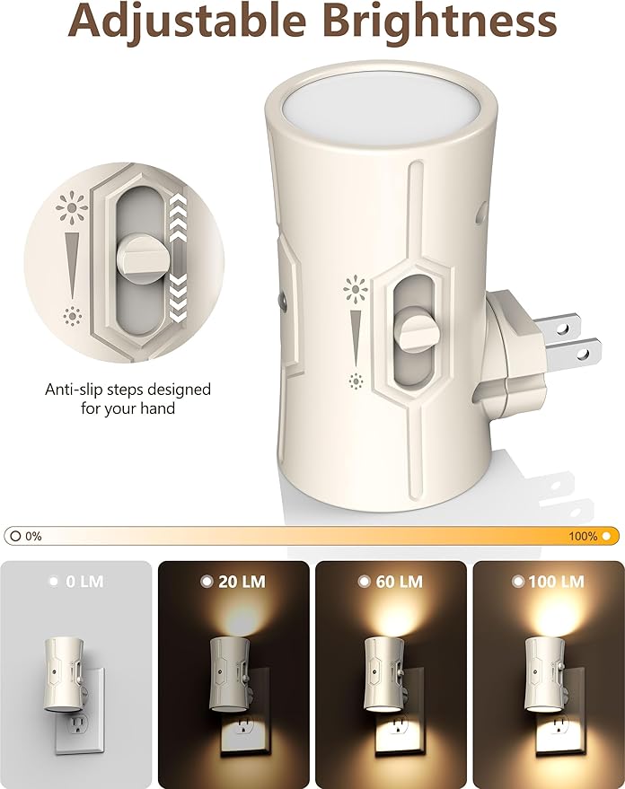 Night Light, LED Night Lights Plug into Wall, [2 Pack] Warm White 3000K, 0-100LM Adjustable Brightness Light Sensor Nightlights Plug in Wall for Hallway, Bathroom, Adults, Neutral Beige