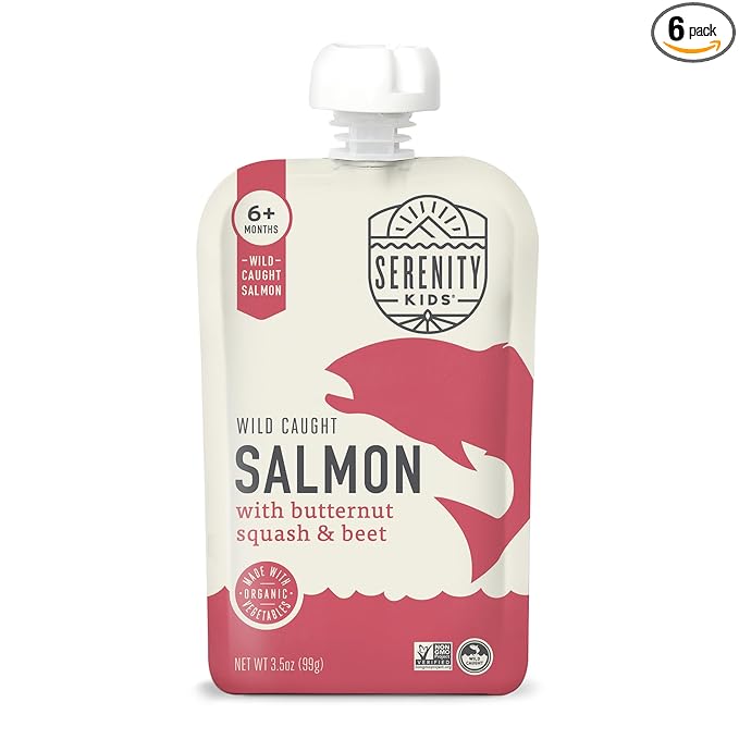 Serenity Kids 6+ Months Salmon Baby Food Pouches - Wild-Caught Salmon & Butternut Squash - High-Protein Baby Snacks - No Sugar Added Toddler Meals - 3.5 Oz, Pack of 6