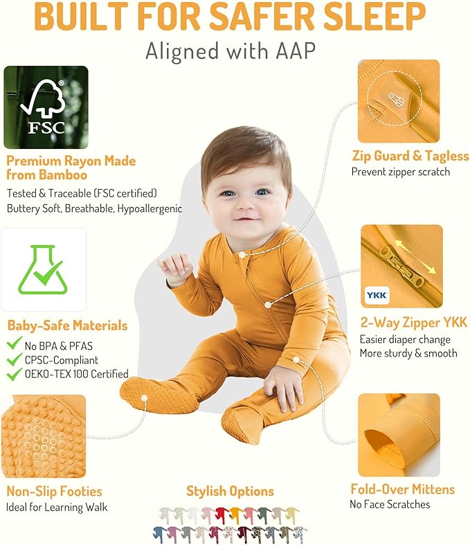 HAPIU Rayon from Bamboo Baby Footed Pajamas, 2 Way Zipper YKK, Footie for Baby Boy Girls, Newborn-24 Months