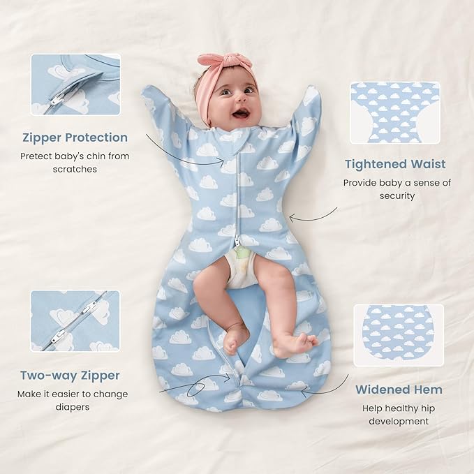 ZIGJOY Baby Transitional Swaddles for Newborns: 0.5 Tog Arms Up Sleep Sack 3-6-12 Months Soft Cotton Shark Fin 2 Way Zipper
