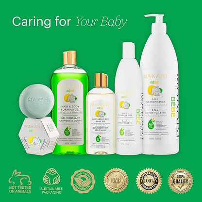 MAKARI Baby Care Bundle | Hypoallergenic Foaming Gel & Softness Care Baby Oil | Gentle Hair and Body Wash & Nourishing Oil for Sensitive, Delicate Skin