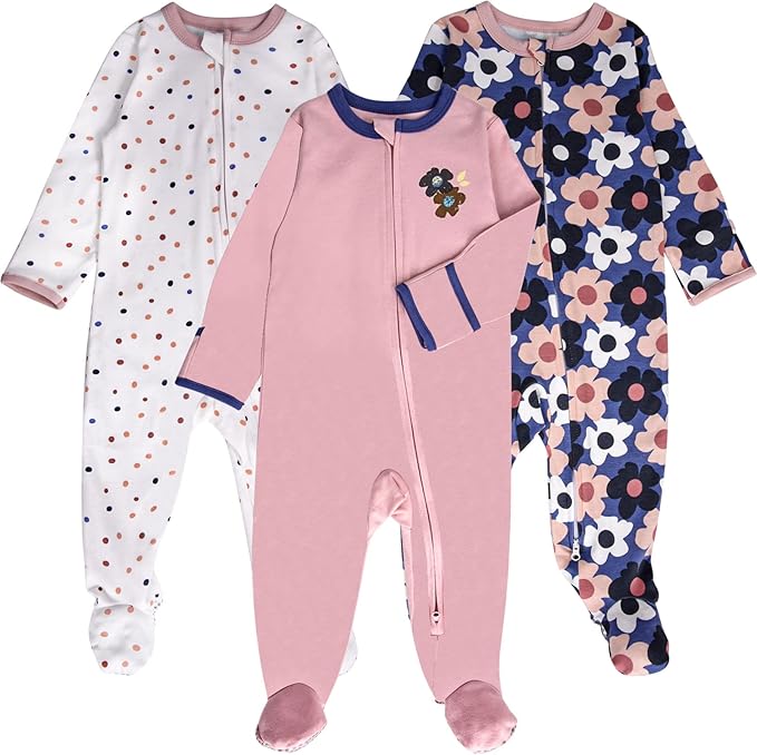 Baby Footed Pajamas with Mitten Cuffs - 3 Pcs Girls Boys Footie Sleeper Newborn, Zipper Footies Sleep 'n Play