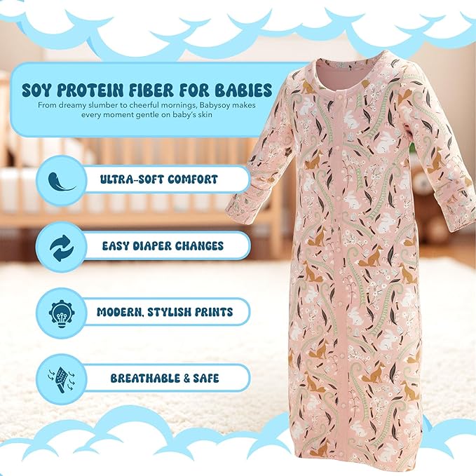 Babysoy Baby Long Sleeve Gown Sleep Sack, Ultra Soft Nightgown, Modern Prints, Reversible Mittens