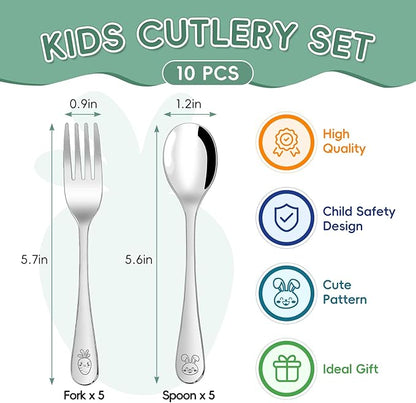 10 Pieces Stainless Steel Toddler Utensils Set - Food Grade Kids Silverware Set Children Safe Small Forks and Spoons Mirror Polished Sturdy and Durable Dishwasher Safe