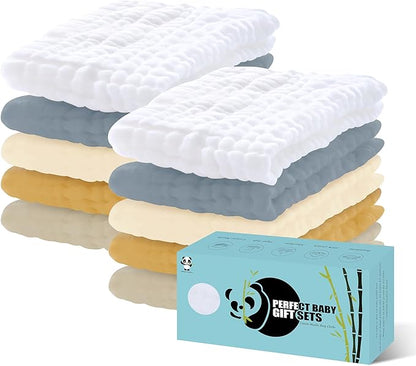 HIPHOP PANDA 10 Pack 6-Layers Muslin Burp Cloths Large - Durable 100% Cotton - Extra Absorbent and Soft Boys & Girls Rags for Newborn Registry (Grey+White+Ivory+Honey+Brown, 20" X10")