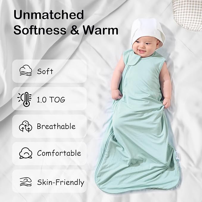 Supersoft Rayon Made from Bamboo Sleep Sack 12-18 Months 1.0 Tog Toddler Sleep Sack Baby Wearable Blanket with 2-Way Zipper Unisex Sleeping Bag for Babies All-year-around (2 Pack) Green & Gray