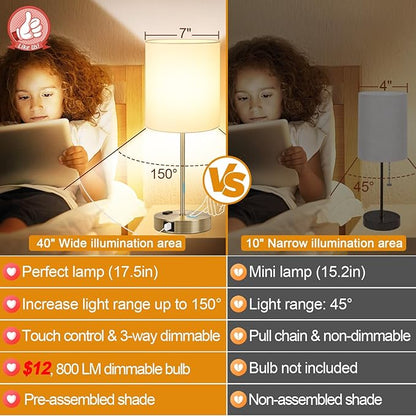 Lynnoland Set of 2 Touch Control Table Lamps with 2 USB & AC Outlet, 3-Way Dimmable Bedside Nightstand Lamps for Bedroom Living Room Nursery, 800 Lumens 3000K Warmlight Bulbs Included