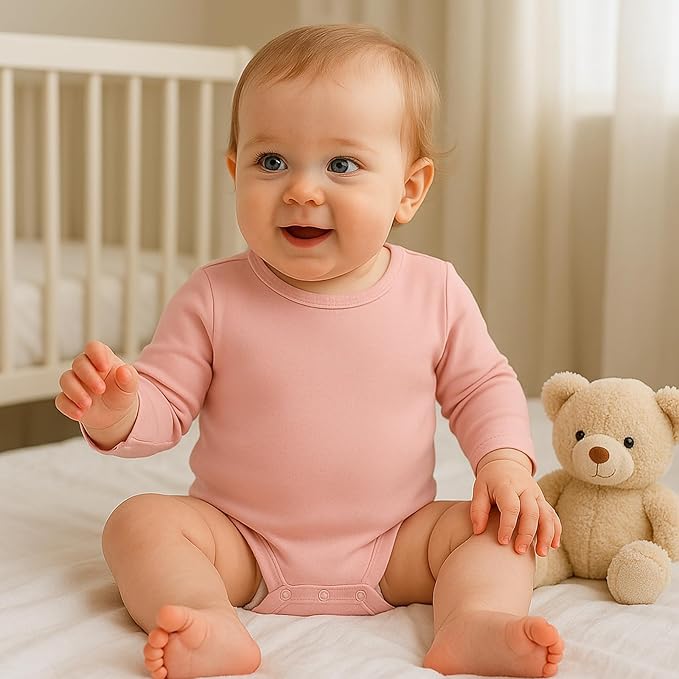 ROMPERINBOX Long Sleeve Onsies Girl 3 Pack Knitted Solid Baby Crew Neck Bodysuit Multicolors 0-24 Months