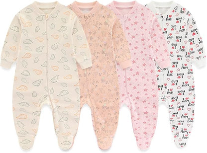 Newborn Baby One-Piece Footies Romper 2-Way Zip Cotton Bodysuit Long-Sleeve Jumsuit 4-Pack, 0-12 Months