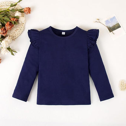 12M-14Y Toddler Baby Girls T Shirt Solid Color Blouse Ruffle Top Cotton Casual Tees Plain Shirt