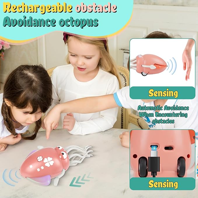 Dancing Octopus Baby Toy,Pink Music & Interactive Sensory Toys for 3 6 9 12 Month & 1 2 3 Year Old,Crawling Dancing Squid Toy forgirl Baby Sensory Toy,baby Birthday Gift & Christmas Stocking Stuffers