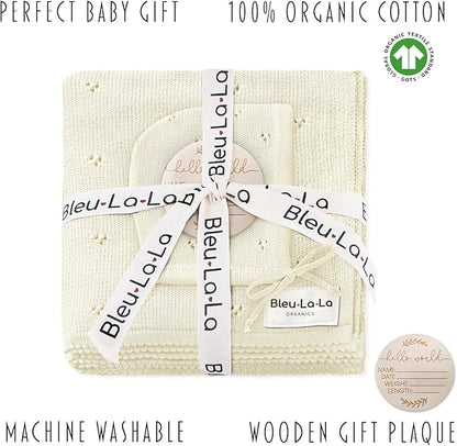 Organic Baby Blanket + Hat Gift Set - 100% Soft Luxury Cotton Unisex Receiving Swaddle Blanket + Bonnett Registry for Newborns & Infants (Butter Cream + Hat)