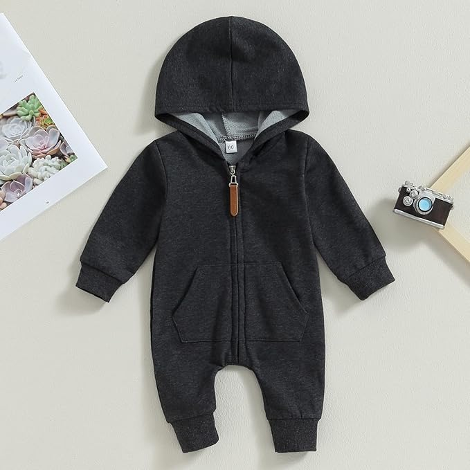 allshope Newborn Baby Boy Girl Fall Outfit Romper Long Sleeve Hooded Solid Zipper Onesie Jumpsuit Bodysuit Infant Clothes