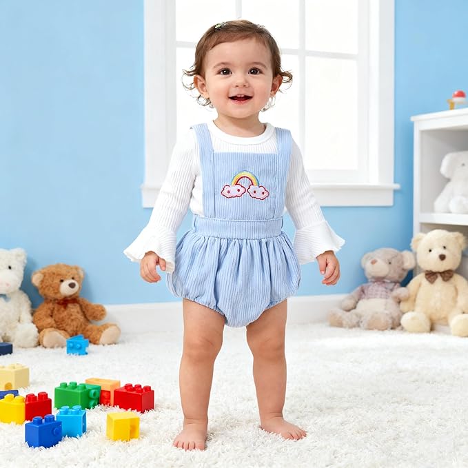 Tiny Cutey Newborn Baby Girl Clothes Bell Sleeve Romper and Corduroy Overalls Shorts Infant Girl Fall Outfits