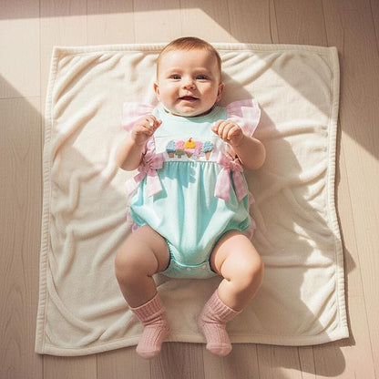 Newborn Outfits Baby Girl Clothes Summer Fly Sleeve Ice Cream Embroidery Romper Plaid Bow Ruffle Bodysuit Jumpsuit