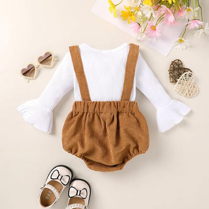 Tiny Cutey Newborn Baby Girl Clothes Bell Sleeve Romper and Corduroy Overalls Shorts Infant Girl Fall Outfits