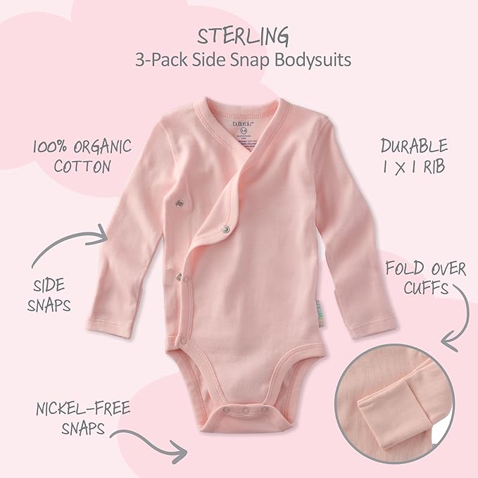 unisex-baby Sterling 3-pack Kimono Bodysuits 100% Organic Cotton Side Snap for Baby Boys & Girls