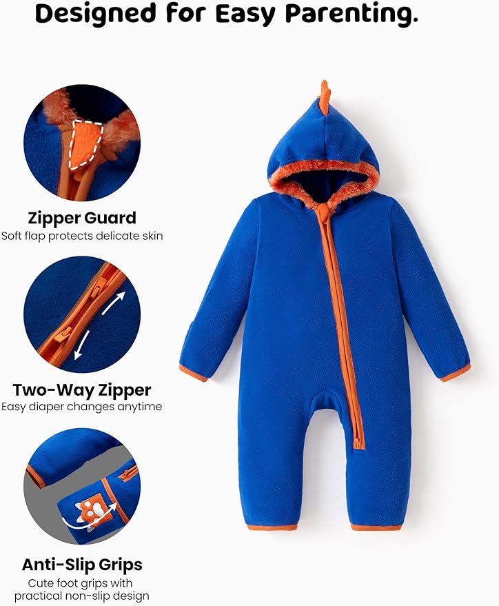 PATPAT Fleece Hooded Footed Clothes, Soft Warm Footie Covers, Car Seat Friendly, Easy Zip,Cute Romper Newborn Infant Jumpsuit