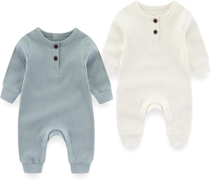 Baby Boy Girl Romper 2 Pack Long Sleeve Button Jumpsuit Cotton Unisex Infant Baby Clothes for 0-24 Months