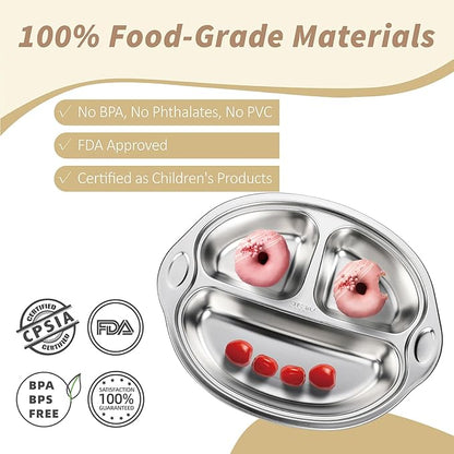 MR. CHOU Baby Plates with Suction - Stainless Steel Divided Toddler Plates, Compartment Suction Plate for High Chair, Baby Led Weaning & Self Feeding, Dishwasher Safe, BPA Free (Beige)