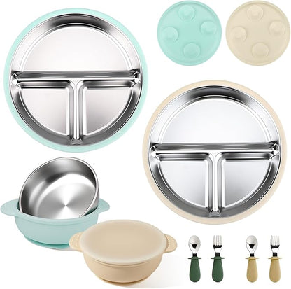 Mity rain Stainless Steel & Silicone Toddler Plates and Bowls Set with Suction,10-Piece Suction Plates & Bowls for Toddler,Removable Shell,Silicones Baby Plates for Independent Eating.